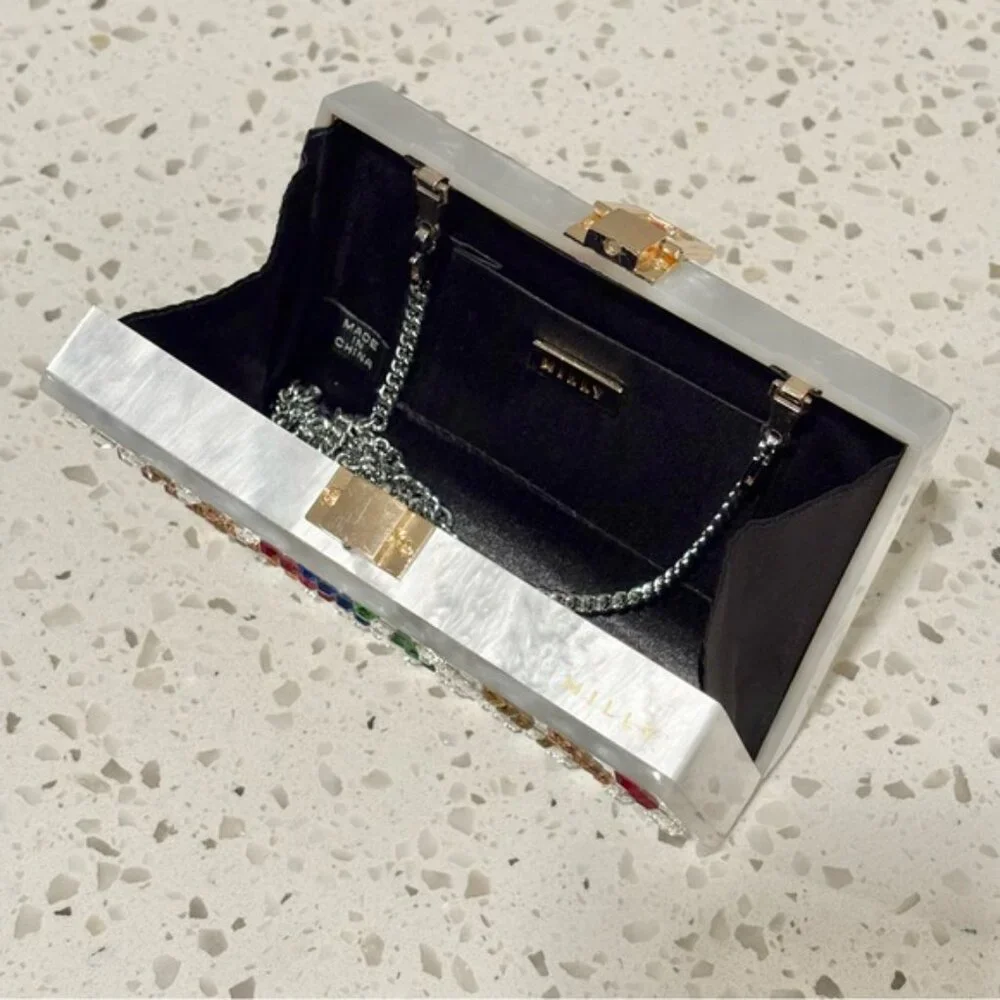 Milly Box Acrylic Clutch Swarovski Crystal Rainbow Stripe Removable Chain